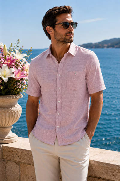 Beyome Erkek %100 Cotton Linen Keten Gömlek Kısa Kollu Cepli Rahat Kalıp Doğa...