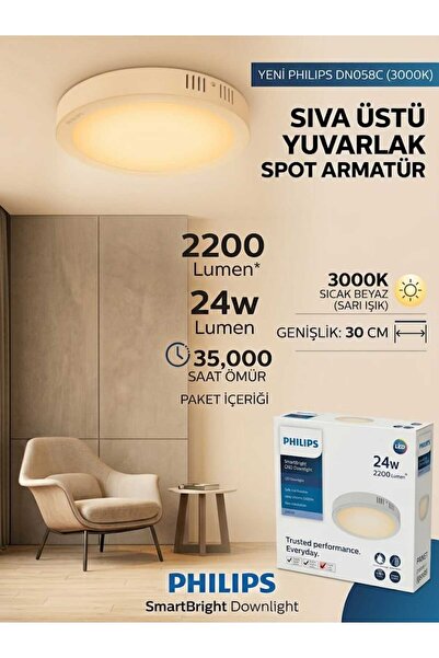 Philips DN058C 24W 30CM Genişlik 2200Lümen 3000k Sarı Işık Sıva Üstü Yuvarlak...