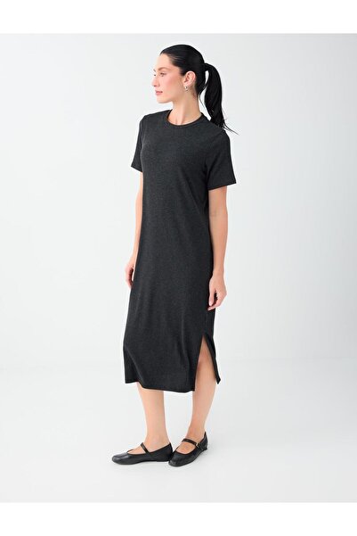 Jimmy Key Anthracite Melange Straight Cut Crew Neck Short Sleeve Knitted Dress