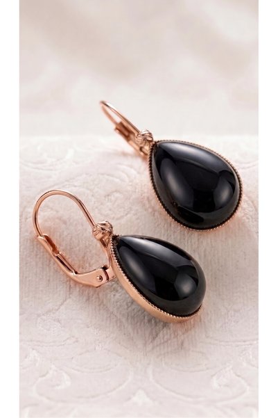 LADYMİRAGE Black Agate Stone Steel Earrings
