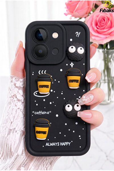 Fibaks Redmi 15C Kılıf Kamera Korumalı Kahve Kurabiye Figürlü Siyah Yumuşak S...