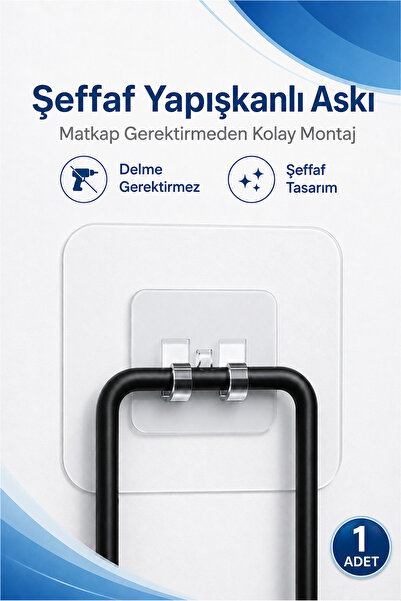 FLY LIFE Şeffaf Yapışkanlı Askı - Matkap Gerektirmeden Kolay Montaj, Tekli Te...