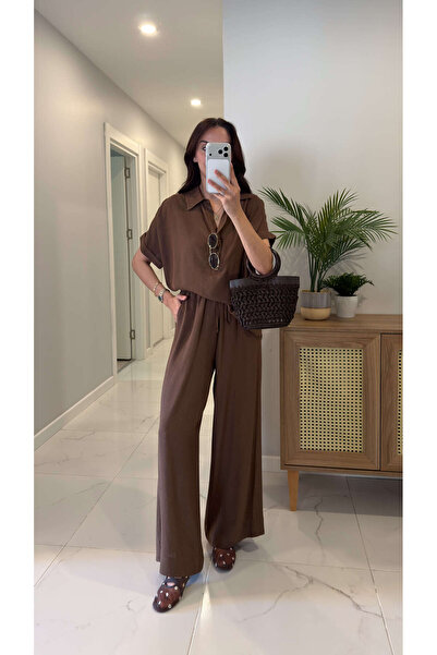 BİRCANÇİL Gesol Brown Shirt Pants Linen Set