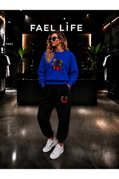 FAEL LİFE Unisex Wide Cut Zero Neck and Sweatpants Set with Cherry Ribbon Print