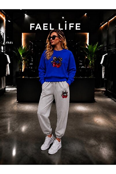 FAEL LİFE Unisex Wide Cut Zero Neck and Sweatpants Set with Cherry Ribbon Print