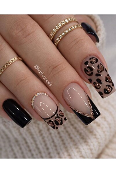 Shades On Nails Handmade Press-On Nails Set - Glossy Black & Nude Multi-Desig...