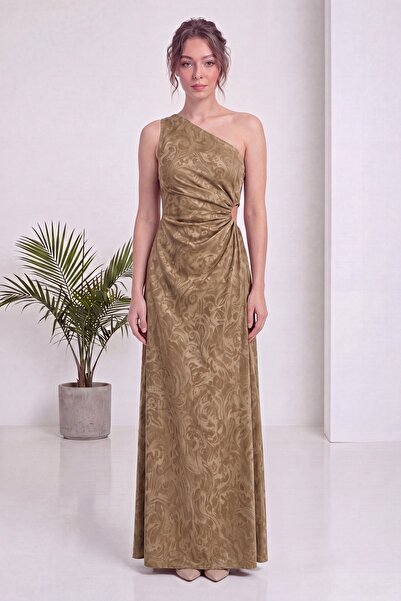 zks grup tekstil Women's One-Shoulder Patterned Maxi Evening Dress Woven Brow...