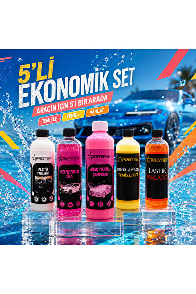 PROTEK 5’li Ekonomik Araç Bakım ve Temizlik Seti – Şampuan, Hızlı Cila, Plast...