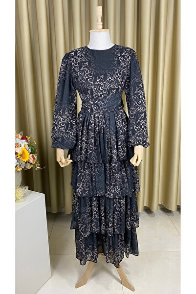 mahira collection Patterned Layered Chiffon Dress - Black