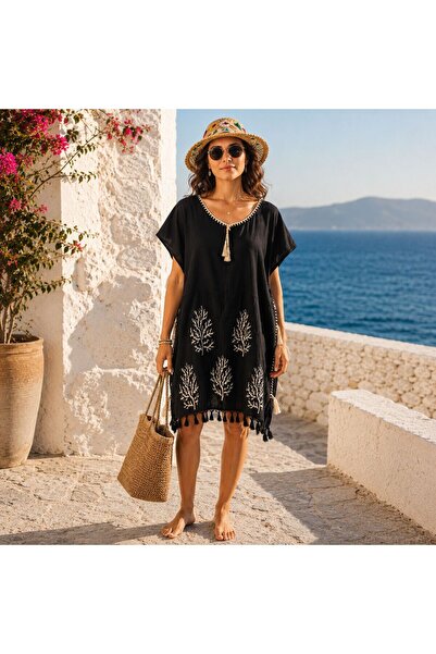 BIJUTERI Par-13036 Black Coral Patterned Şile Fabric Beach Dress & Pareo |   ...