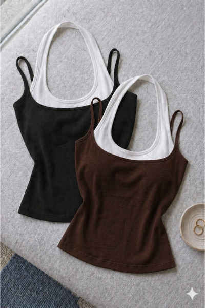 ÖZ PAMUK Pack of 2 Women's Halter Neck Double Color Soft Blouse Undershirt
