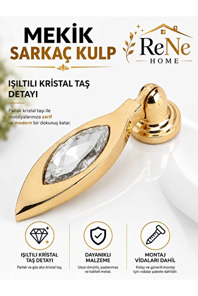 ReNe HOME Mekik Sarkaç Kulp Tek Delikli Kristal Taşlı Altın Mobilya Dolap Çek...