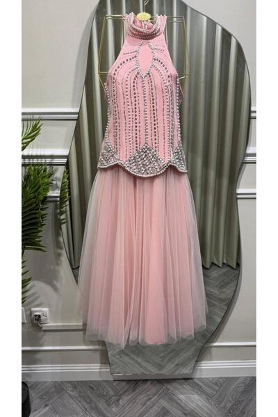 led style Midi Tulle Evening Dress with Halter Neckline and Pearl Embellishments