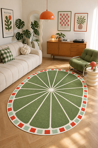 PINKIE HOME Dijital Kaymaz Yıkanabilir Yeşil Modern Oval Salon Halısı Mutfak ...