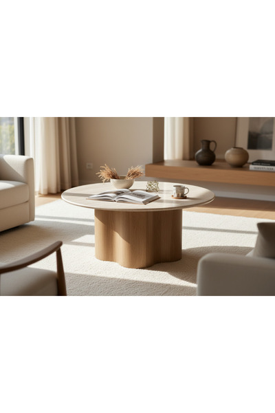 Palma homez طاولة قهوة دائرية أنيقة بسطح بيج وقاعدة سوداء - 45 × 90 سم