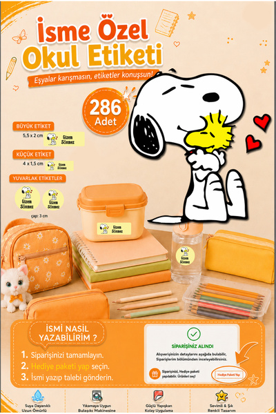 Sim Tasarım Snoopy Okul Etiketi Kalem Defter Etiketi Özel İsim Yazılabilen Et...