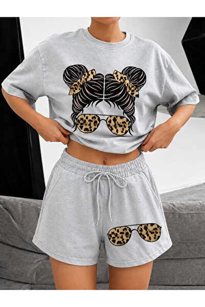 Rksal kadın messy bun kız baskılı alt ust şortlu oversize takım