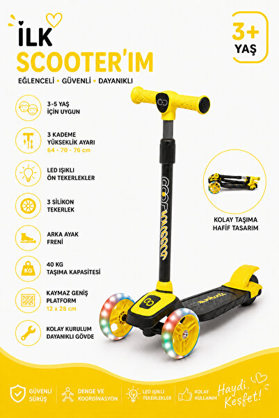 welcomein 3 Tekerlekli LED Işıklı Çocuk Scooter 3 Kademeli Ayarlanabilir Yüks...