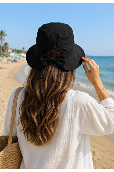 RAİR BEAUTY Women's Black Bucket Hat with Bow Detail - (Adjustable with the Hat's Brim for Tesettüre) Bucket Hat with Adjustable Velcro on the Back