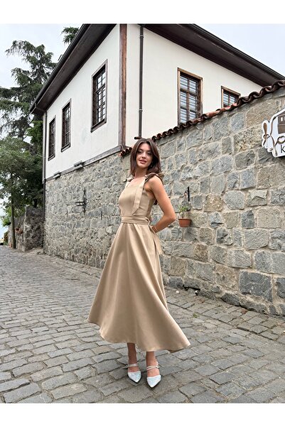 MEİZA KADIN BEJ FİYONK DETAYLI KARE YAKA BELİNDA ABİYE ELBİSE