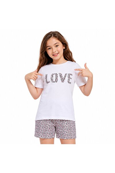 PALM PEANUTS Girls White LOVE Printed Cotton T-Shirt & Printed Shorts 2-Piece...