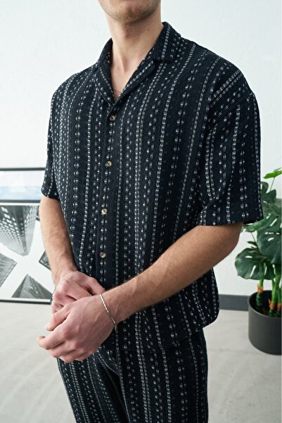 duo fideles Men's Striped Woven Cuban Collar Shirt