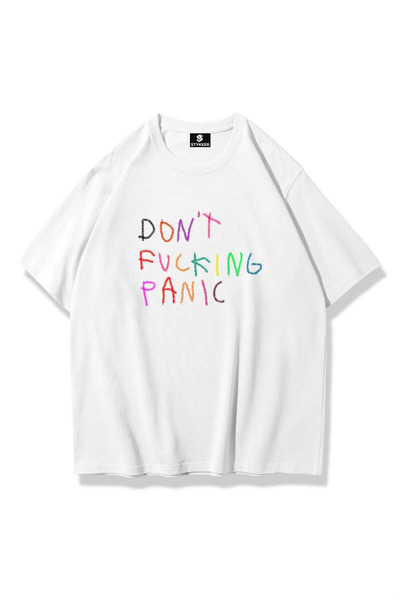 STYKEER Unisex Oversized T-Shirt Don'T Panic Printed Loose Fit White T-Shirt