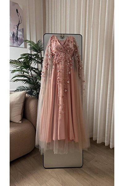 CACHE MONNEY Charming Pink Color 3D Applique Embroidery Maternity Evening Dress