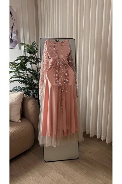 CACHE MONNEY Charming Pink Color 3D Applique Embroidery Maternity Evening Dress