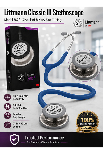 3M Littmann Classic III Monitoring Stethoscope Model 5622 Silver-Finish Dual-...