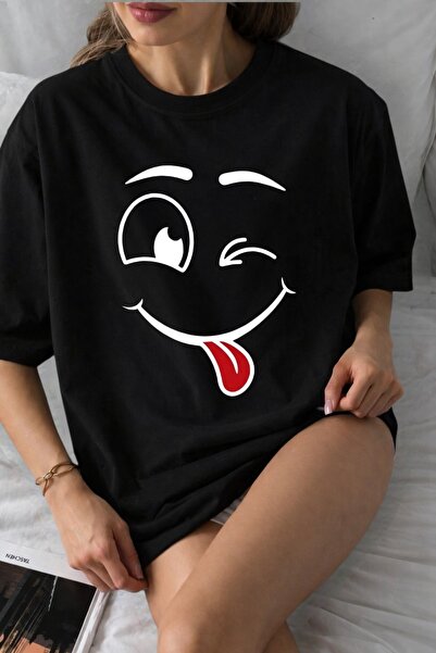 ZAVIXO Γυναικείο μπλουζάκι Oversize με στάμπα Emoji από 100% βαμβάκι – Βασικό...