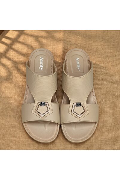 Lucky Steps Men's Textured PU Leather Slide Sandals Metal Buckle Non-Slip Cus...