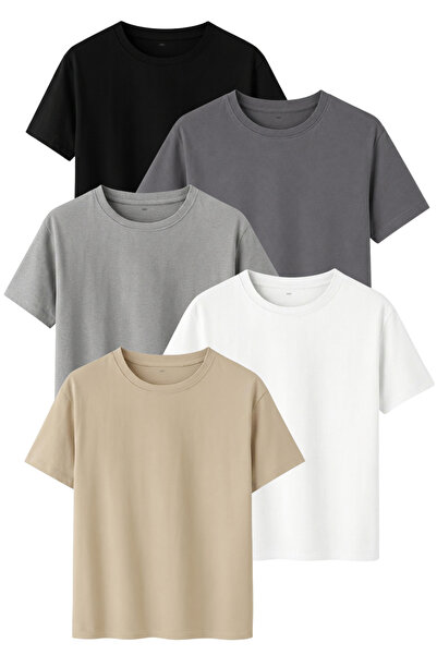 DK DAKSEL 5-Pack Regular Fit Cotton T-Shirt Set Black Dark Gray Gray White Stone