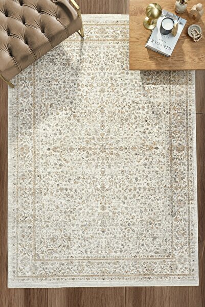 Eliz Home Eskitme Vintage Bordürlü Halı Bambu Polyester Oturma Odası Salon Mu...
