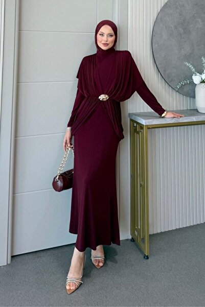 Şule Giyim Sandy Lotus Elbise Bordo