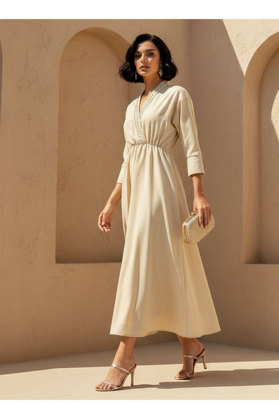 FAV V NECK BUTTON EMBELLISHED NECKLINE MAXI DRES