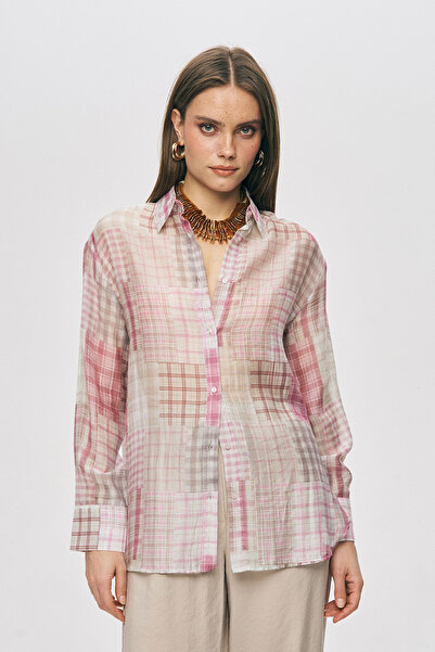 Orfeo Negro Women's Abstract Patterned Classic Collar Transparent Flowy Shirt