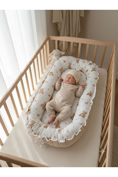 Babynest Oval Crib 100% Cotton Newborn Sleeping Nest with Teddy Bear in Beige