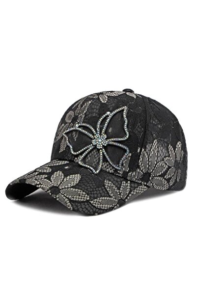 valkyrie Women's Black Lace Hat with Stone Embroidery and Floral Detail Adjus...