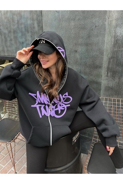 harmony factory Women's Oversize Graffiti Printed Hooded Full Zip Sweatshirt
