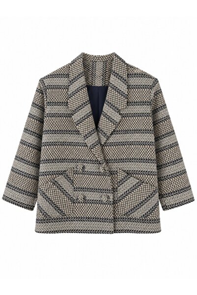 Retrobird 90S Retro Model Oversize Design Plaid Jacket Women's Gray-Navy Blue
