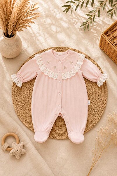 Gaye Bebe Tatlı Patik Dantel Yakalı Pudra Bebek Tulumu