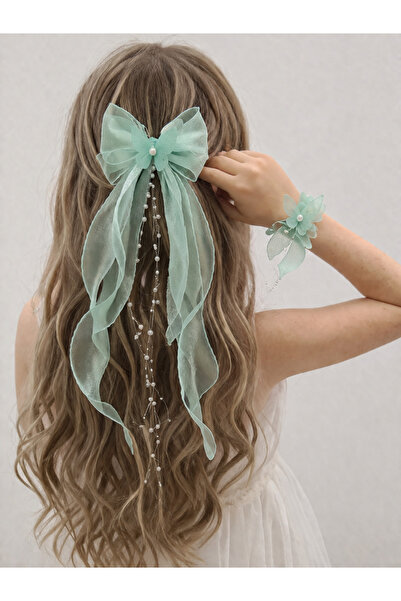 stil+o aksesuar.com Pearl White Organza Tulle Bow Hair Clip and Bracelet Set ...