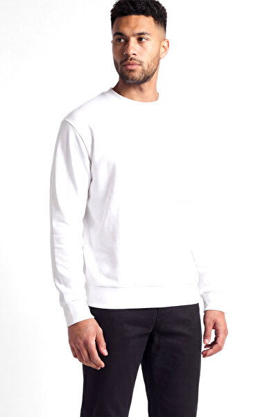 BOSS Men's Comfortable Fit Logo Label Round Neck Cotton Long Sleeve White Swe...