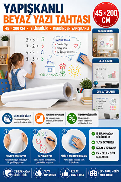 Hane Dostu Yapışkanlı Beyaz Yazı Tahtası Sticker Rulo 45x200 cm Silinebilir K...
