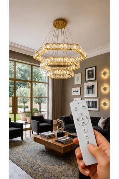 Lunexa Kristal Taşlı LED Avize Sarkıt 3 Renk Kumandalı Işık Cam 3 Katlı Altıg...