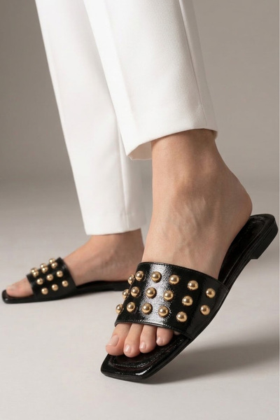TOFİSA Women's Black Slippers with Bead Detail on the Top - 28712-Black