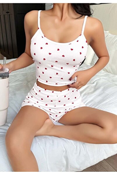 R RUSELİN Kadın Kalp Desenli Askılı Şortlu Pijama Takımı
