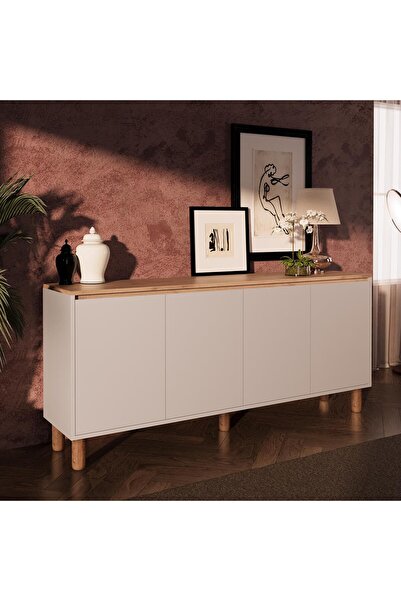 Bimossa H4120 Terra 180 cm Sepet-Kumtaşı Konsol Yüksek Ayaklı 4 Kapaklı, Modern Yemek Odası Depolama Dolabı