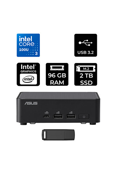 NUC14 Pro Slim Kit Intel Core 3-100U 96GB RAM 2TB SSD FreeDOS RNUC14RVKI300002IP344 Mini Masaüstü Bilgisayar + PER4 USB BELLEK